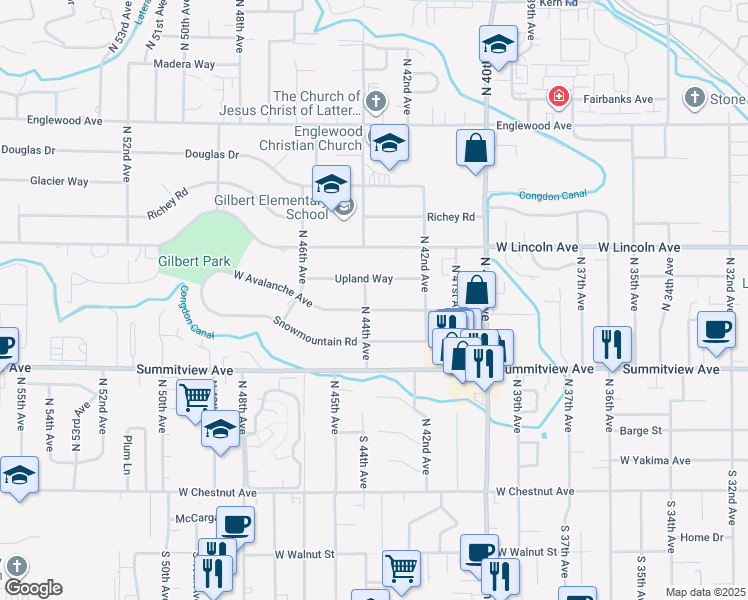 map of restaurants, bars, coffee shops, grocery stores, and more near 301 North 44th Avenue in Yakima
