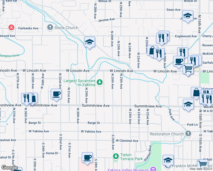 map of restaurants, bars, coffee shops, grocery stores, and more near 303 North 27th Avenue in Yakima