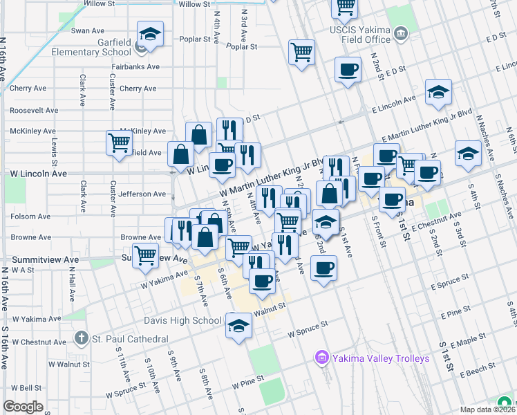 map of restaurants, bars, coffee shops, grocery stores, and more near 101 North 4th Avenue in Yakima