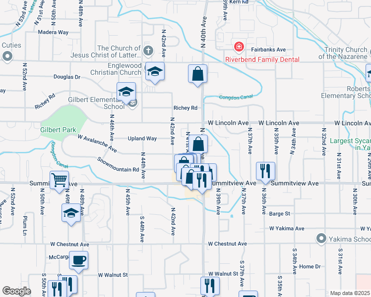 map of restaurants, bars, coffee shops, grocery stores, and more near 313 North 42nd Avenue in Yakima
