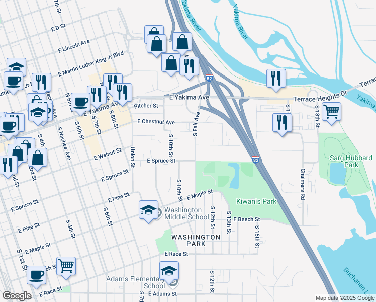 map of restaurants, bars, coffee shops, grocery stores, and more near 204 S Fair Ave in Yakima