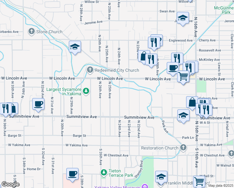 map of restaurants, bars, coffee shops, grocery stores, and more near 306 North 24th Avenue in Yakima