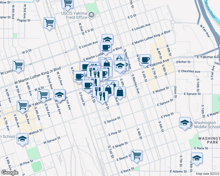 map of restaurants, bars, coffee shops, grocery stores, and more near 22 South 3rd Street in Yakima