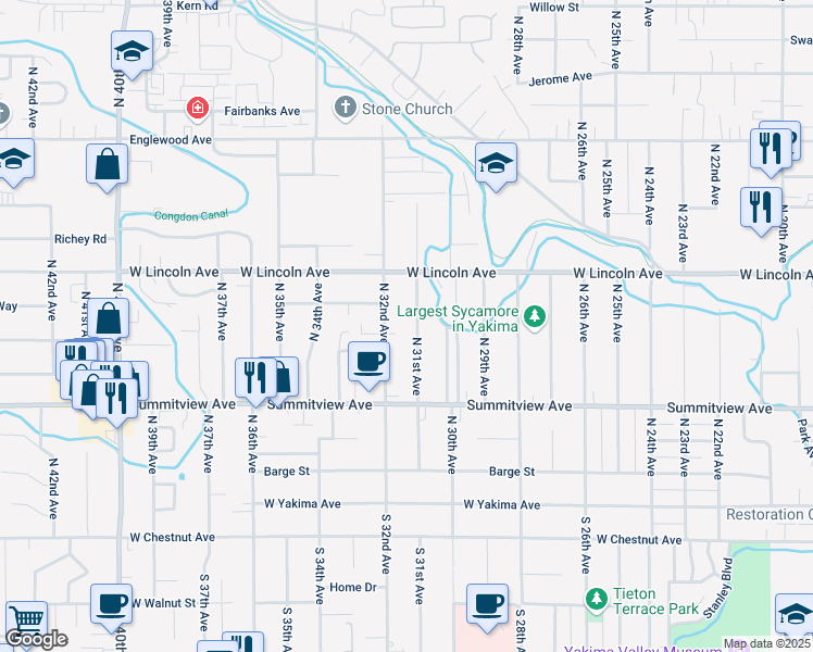 map of restaurants, bars, coffee shops, grocery stores, and more near 302 North 31st Avenue in Yakima