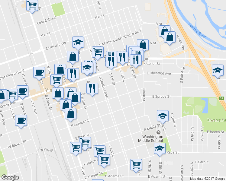 map of restaurants, bars, coffee shops, grocery stores, and more near 108 South 6th Street in Yakima