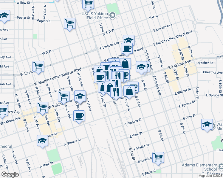 map of restaurants, bars, coffee shops, grocery stores, and more near in Yakima