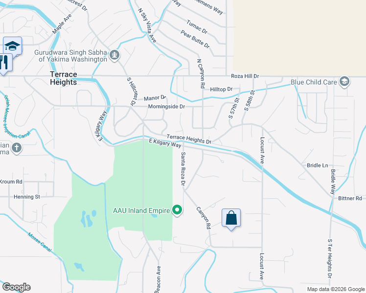 map of restaurants, bars, coffee shops, grocery stores, and more near 301 Santa Roza Drive in Yakima