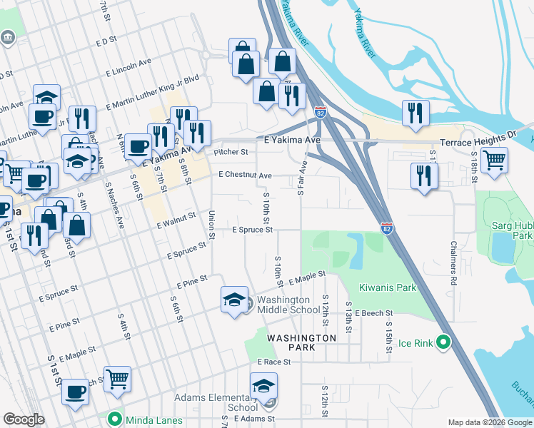 map of restaurants, bars, coffee shops, grocery stores, and more near 208 S 10th St in Yakima