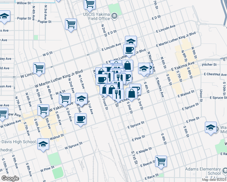 map of restaurants, bars, coffee shops, grocery stores, and more near in Yakima