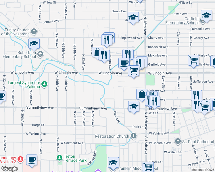 map of restaurants, bars, coffee shops, grocery stores, and more near 318 Park Ave in Yakima