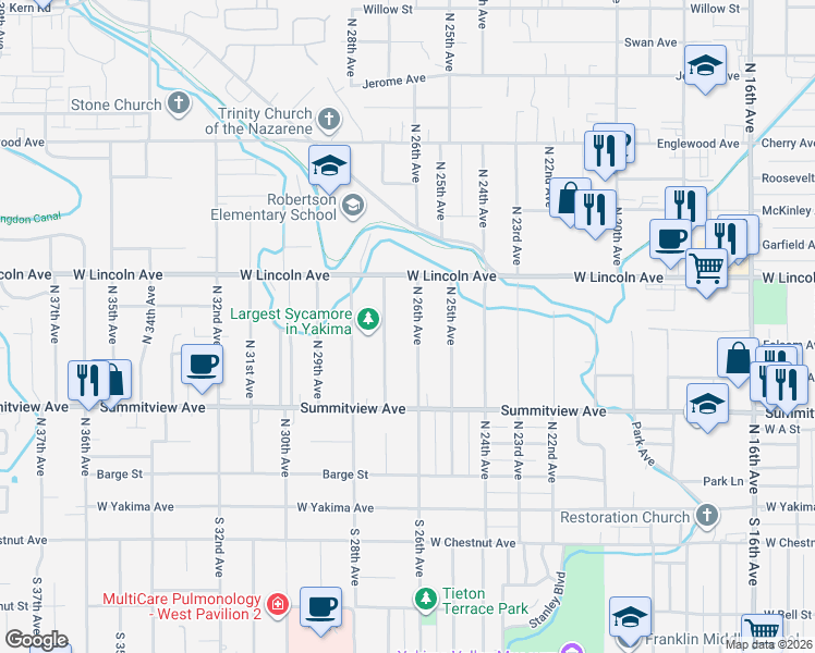 map of restaurants, bars, coffee shops, grocery stores, and more near 303 North 27th Avenue in Yakima