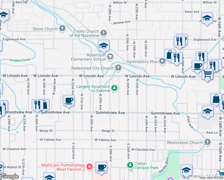 map of restaurants, bars, coffee shops, grocery stores, and more near 303 North 28th Avenue in Yakima