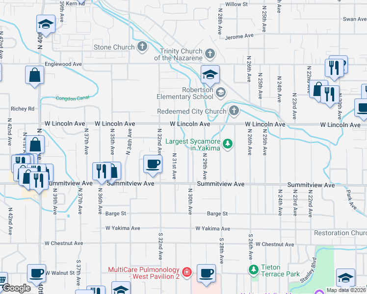 map of restaurants, bars, coffee shops, grocery stores, and more near 310 North 30th Avenue in Yakima