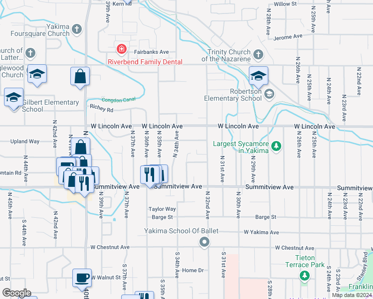 map of restaurants, bars, coffee shops, grocery stores, and more near 232 North 33rd Avenue in Yakima