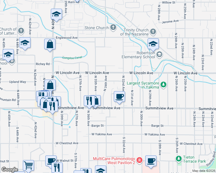 map of restaurants, bars, coffee shops, grocery stores, and more near 232 North 33rd Avenue in Yakima