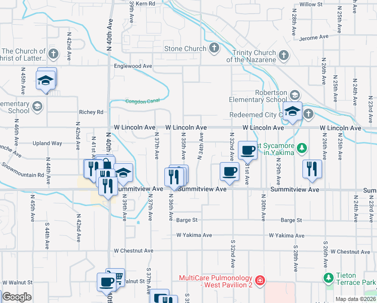 map of restaurants, bars, coffee shops, grocery stores, and more near 227 North 35th Avenue in Yakima