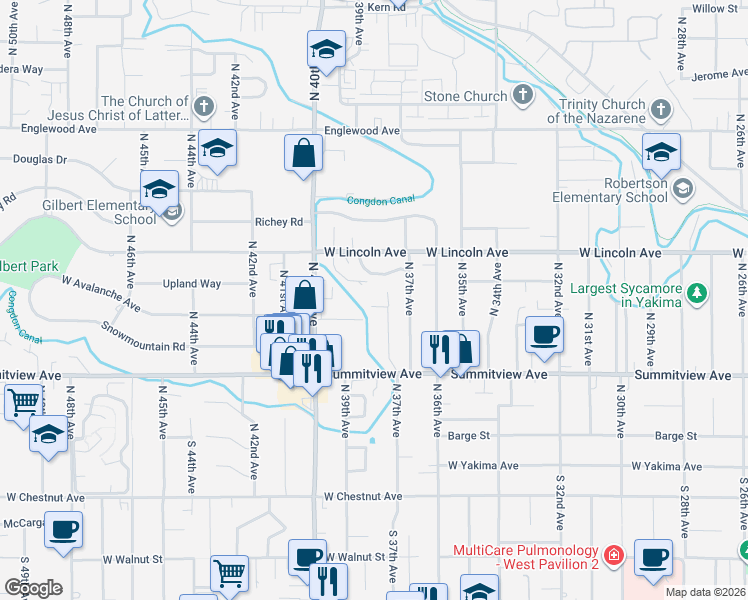 map of restaurants, bars, coffee shops, grocery stores, and more near 237 North 38th Avenue in Yakima