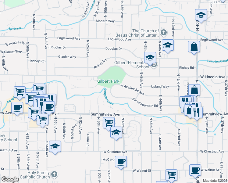 map of restaurants, bars, coffee shops, grocery stores, and more near 4811 Snowmountain Rd in Yakima