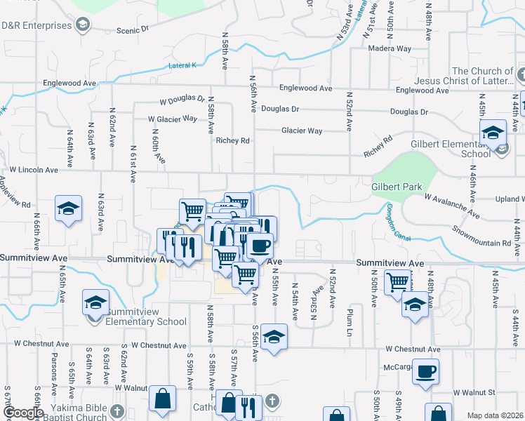 map of restaurants, bars, coffee shops, grocery stores, and more near 215 North 56th Avenue in Yakima