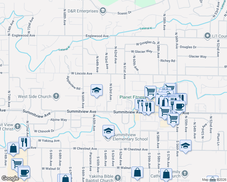map of restaurants, bars, coffee shops, grocery stores, and more near 253-275 North 63rd Avenue in Yakima