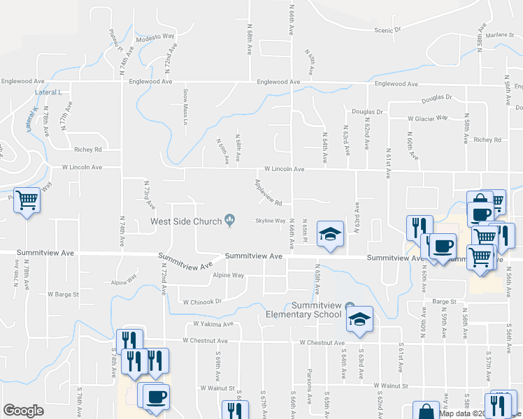 map of restaurants, bars, coffee shops, grocery stores, and more near 6608 South Appleview Road in Yakima
