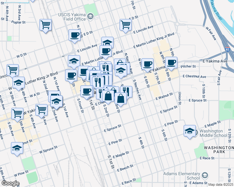 map of restaurants, bars, coffee shops, grocery stores, and more near 25 South 3rd Street in Yakima