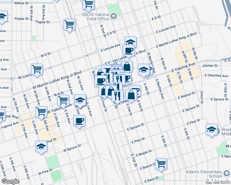 map of restaurants, bars, coffee shops, grocery stores, and more near 102 East Yakima Avenue in Yakima