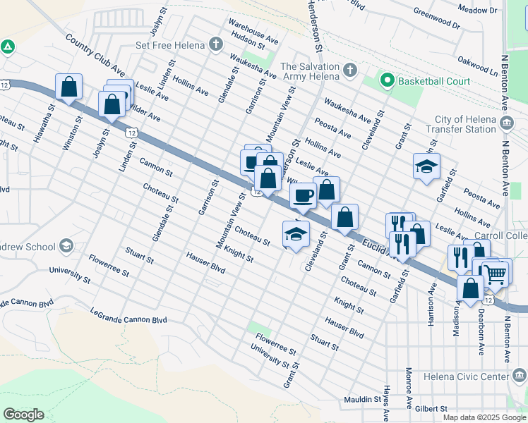 map of restaurants, bars, coffee shops, grocery stores, and more near 1200 Henderson Street in Helena