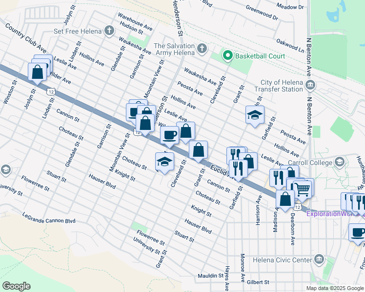map of restaurants, bars, coffee shops, grocery stores, and more near 1220 Euclid Avenue in Helena