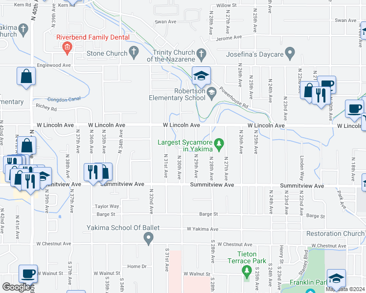map of restaurants, bars, coffee shops, grocery stores, and more near 712 North 30th Avenue in Yakima