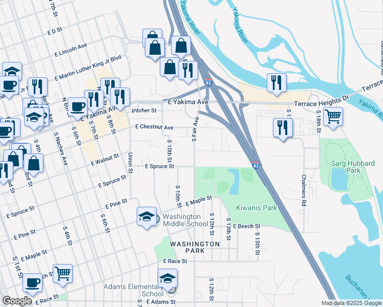 map of restaurants, bars, coffee shops, grocery stores, and more near 204 South Fair Avenue in Yakima