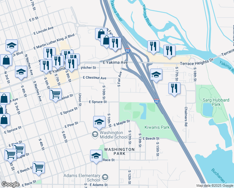 map of restaurants, bars, coffee shops, grocery stores, and more near 204 South Fair Avenue in Yakima