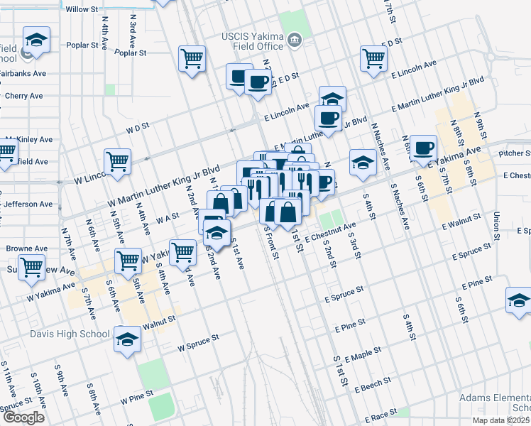 map of restaurants, bars, coffee shops, grocery stores, and more near 6 West Yakima Avenue in Yakima