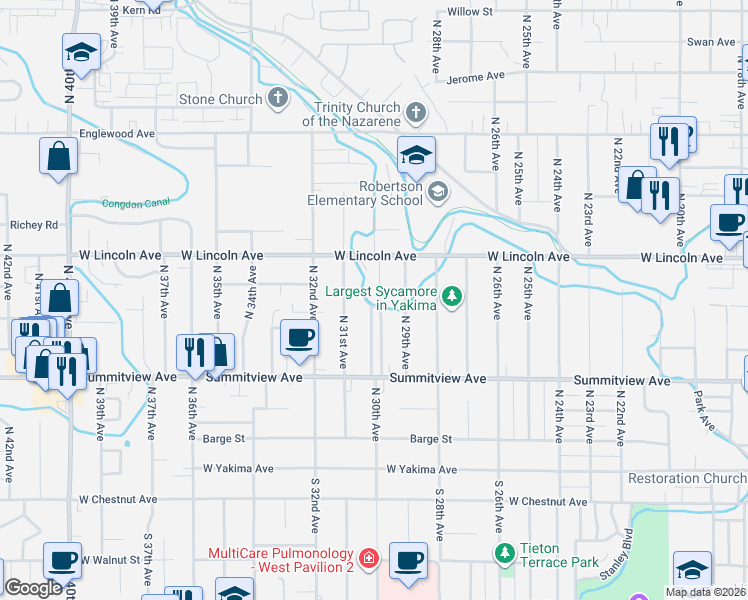 map of restaurants, bars, coffee shops, grocery stores, and more near 310 North 30th Avenue in Yakima