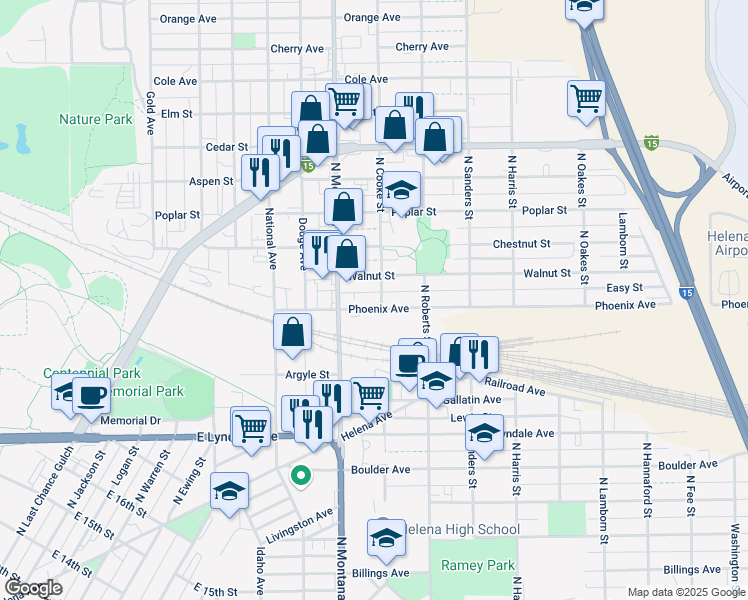 map of restaurants, bars, coffee shops, grocery stores, and more near 1302 Phoenix Road in Helena