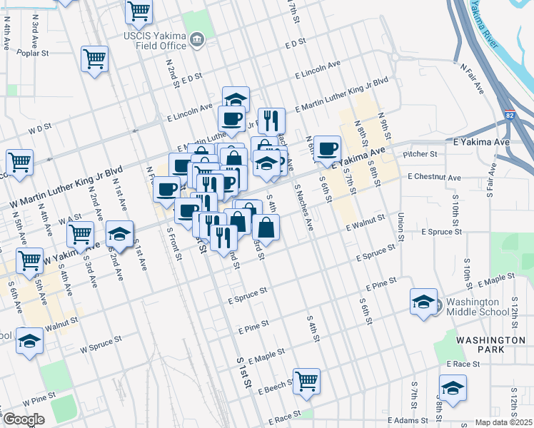 map of restaurants, bars, coffee shops, grocery stores, and more near 16 South 4th Street in Yakima