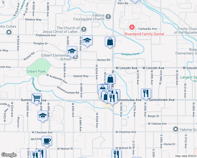 map of restaurants, bars, coffee shops, grocery stores, and more near 313 North 42nd Avenue in Yakima