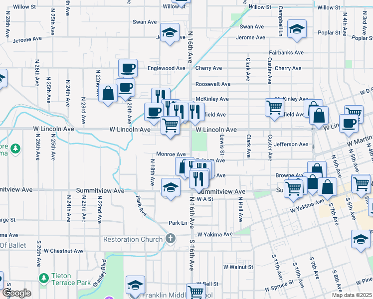 map of restaurants, bars, coffee shops, grocery stores, and more near 1601-1705 Monroe Avenue in Yakima