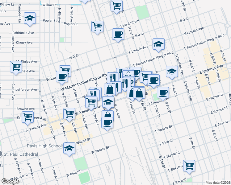map of restaurants, bars, coffee shops, grocery stores, and more near 22 North 1st Avenue in Yakima