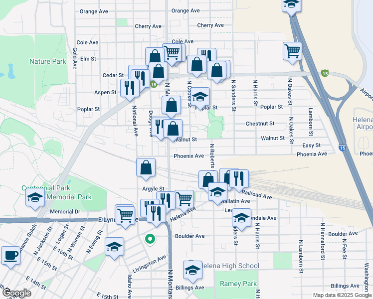 map of restaurants, bars, coffee shops, grocery stores, and more near 1302 Phoenix Road in Helena