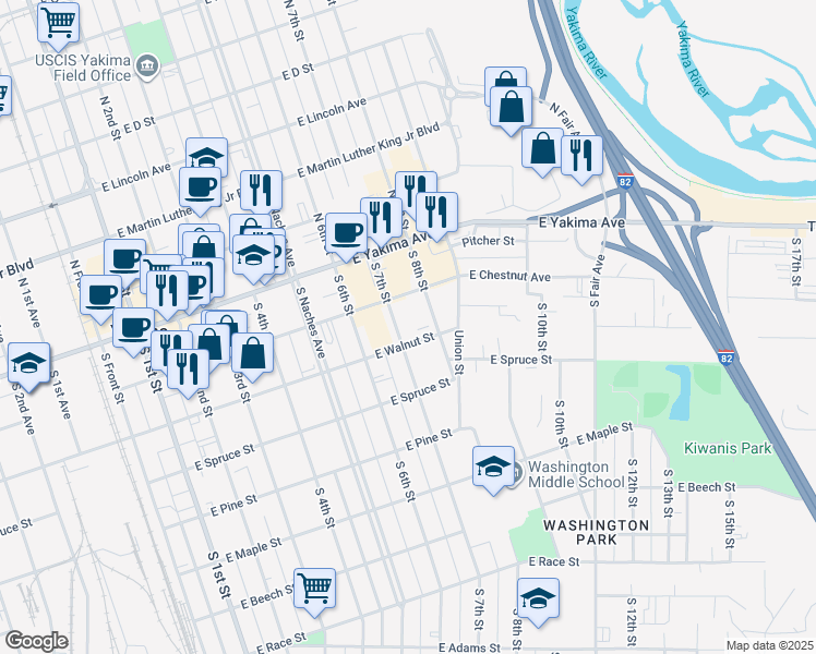 map of restaurants, bars, coffee shops, grocery stores, and more near 111 South 7th Street in Yakima