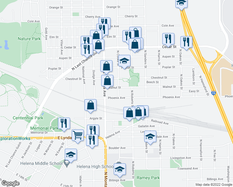 map of restaurants, bars, coffee shops, grocery stores, and more near 1234 Phoenix Avenue in Helena