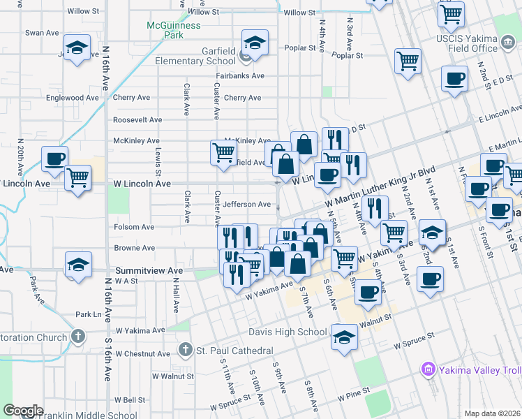 map of restaurants, bars, coffee shops, grocery stores, and more near 1105 Folsom Avenue in Yakima
