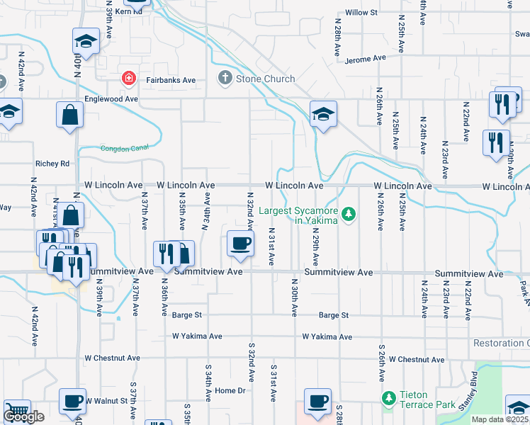 map of restaurants, bars, coffee shops, grocery stores, and more near 302 North 31st Avenue in Yakima
