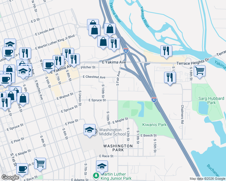 map of restaurants, bars, coffee shops, grocery stores, and more near 204 South Fair Avenue in Yakima