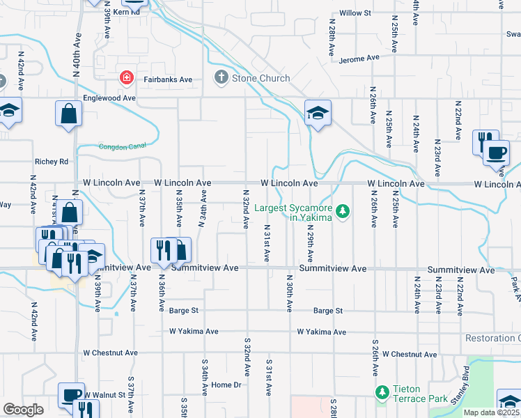 map of restaurants, bars, coffee shops, grocery stores, and more near 302 North 31st Avenue in Yakima