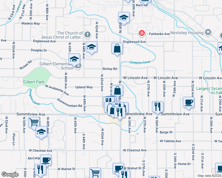 map of restaurants, bars, coffee shops, grocery stores, and more near 313 North 42nd Avenue in Yakima