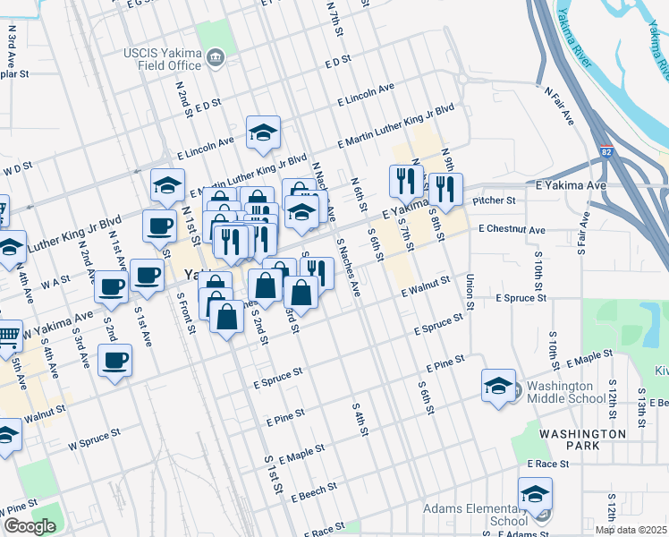 map of restaurants, bars, coffee shops, grocery stores, and more near 102 South Naches Avenue in Yakima