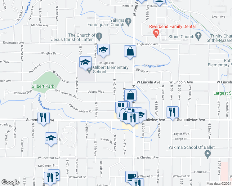 map of restaurants, bars, coffee shops, grocery stores, and more near 321 North 42nd Avenue in Yakima