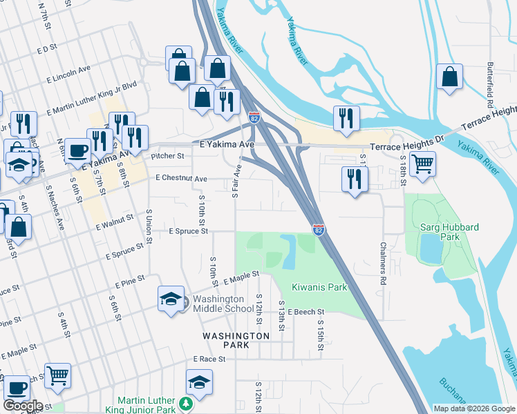map of restaurants, bars, coffee shops, grocery stores, and more near 1208 East Spruce Street in Yakima